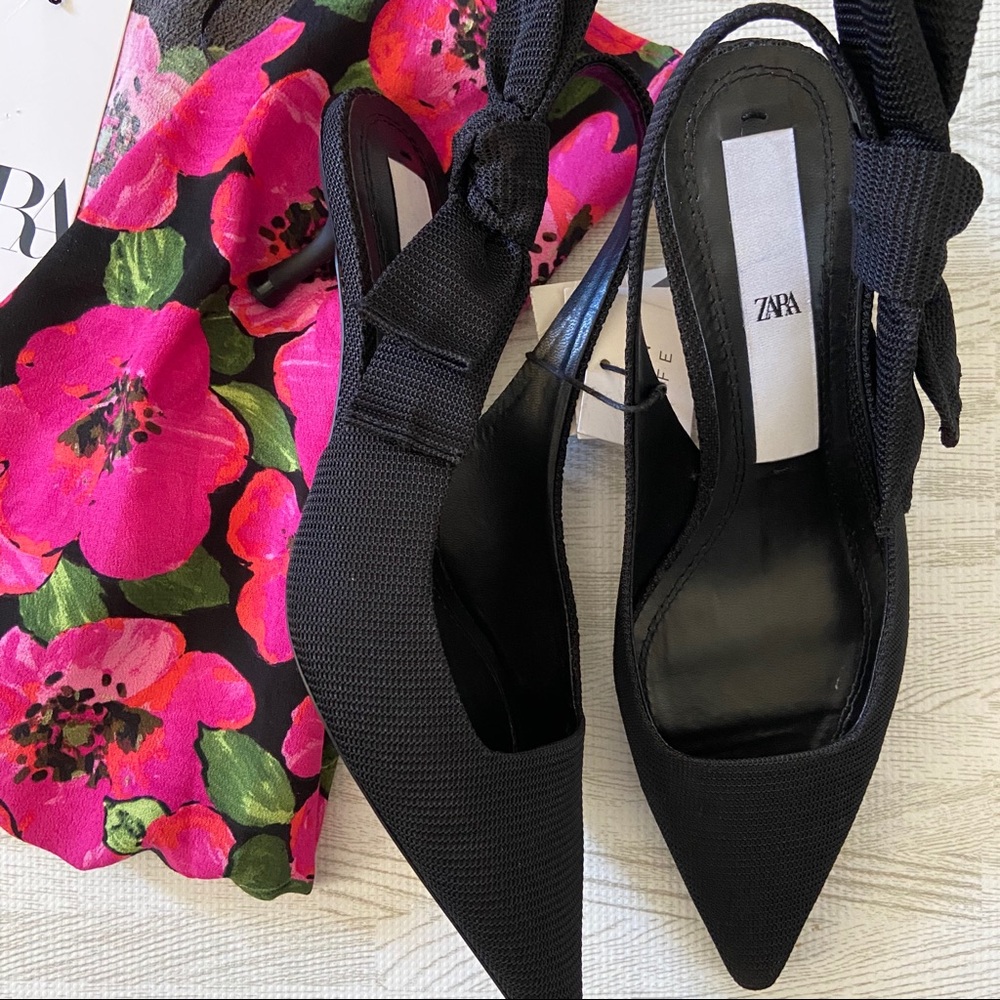 Zara | Black Mid-Heel Slingback Shoes with Bow